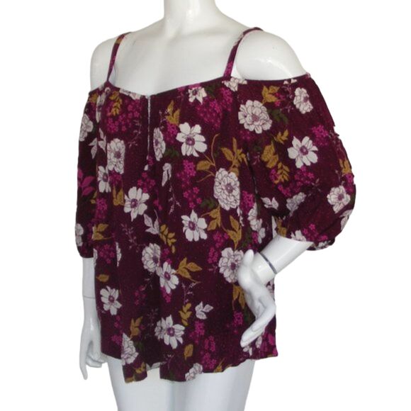 TORRID Camisole Top, 2/2X, Floral on Berry, Spag straps, Cold shoulder, 3/4 slvs - Picture 3 of 11
